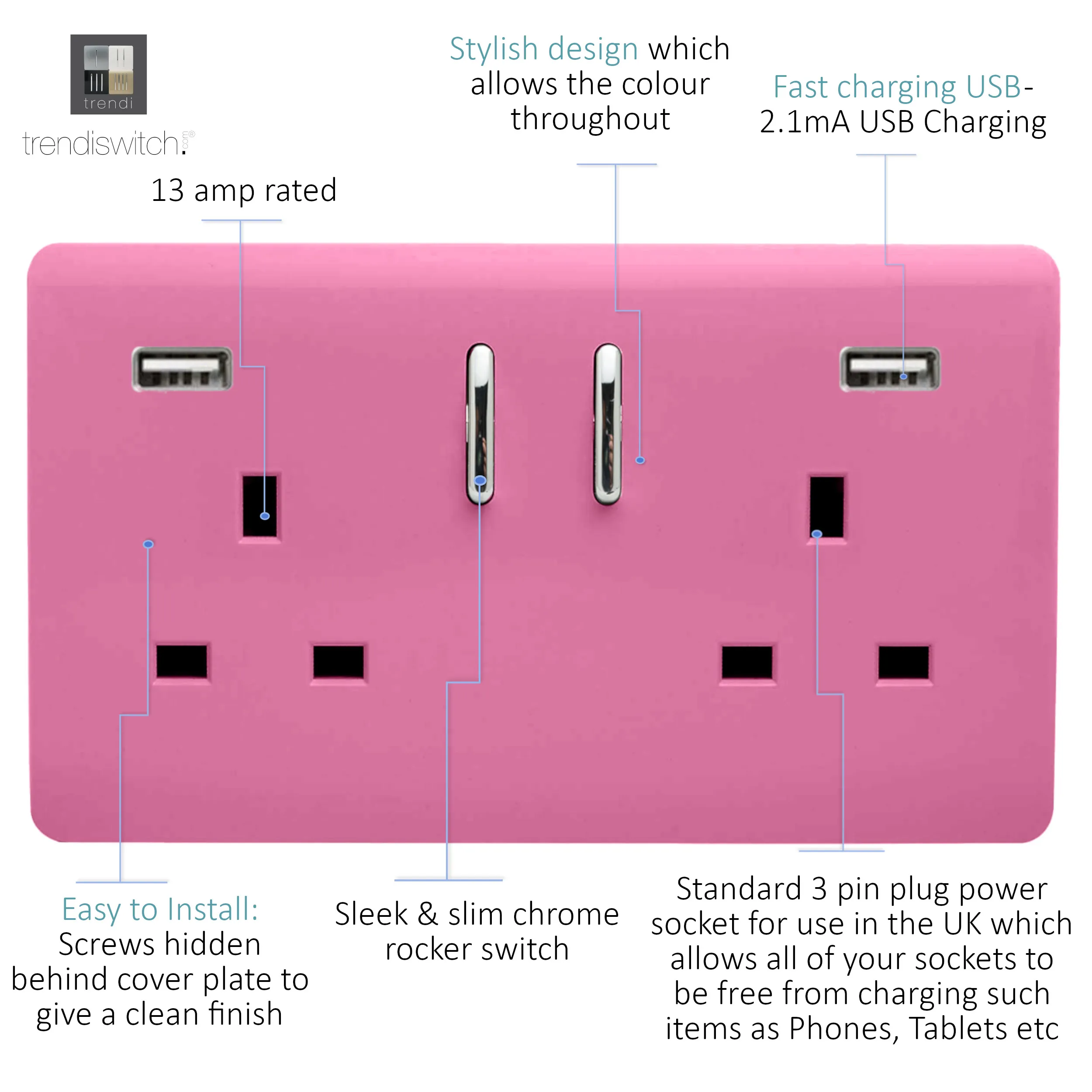 2 Gang 13Amp Short S/W Double Socket With 2x3.1Mah USB Pink ART-SKT213USB31AAPK  Trendi Pink